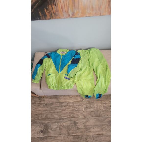Jordache Neon Lime/Teal 90s Kids Windbreaker Tracksuit Sz 140 (US 10-11yr Old) - Picture 1 of 7
